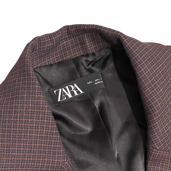 Zara Houndstooth Cropped Blazer L Brown Check Tailored Jacket Business - Picture 5 of 13